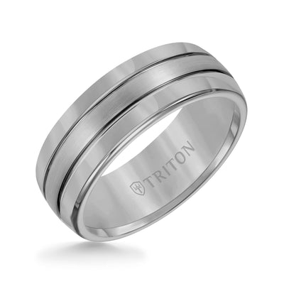 8mm Black Tungsten Carbide Domed Comfort Fit Band with Brush Finish Center and Bright Polished Edges