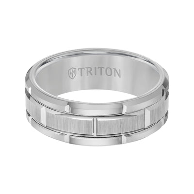 8mm Gray Tungsten Carbide Bevel Edge Comfort Fit Band with Vertical Satin Finish Center and Bright Edges and Cuts
