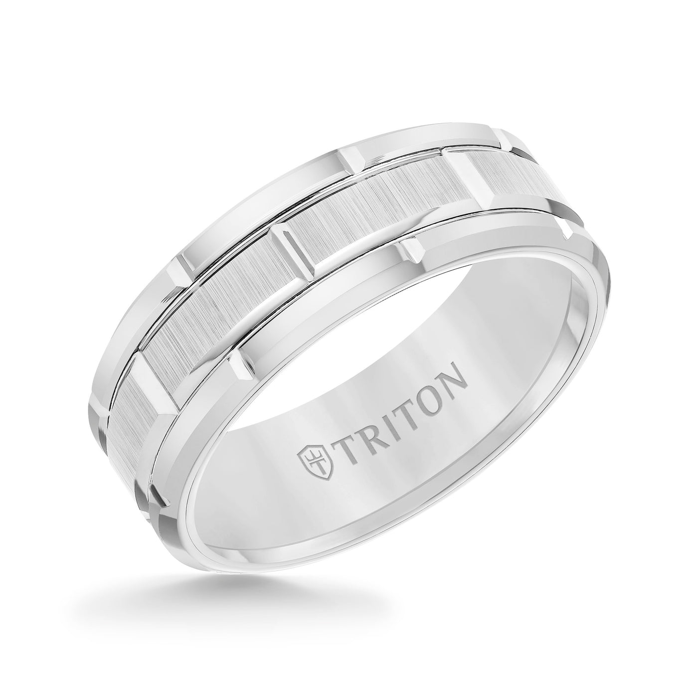 8mm White Tungsten Carbide Bevel Edge Comfort Fit Band with Vertical Satin Finish Center and Bright Edges and Cuts