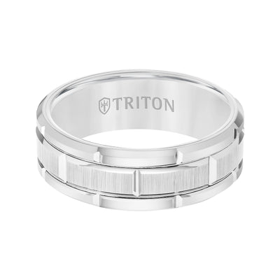 8mm White Tungsten Carbide Bevel Edge Comfort Fit Band with Vertical Satin Finish Center and Bright Edges and Cuts