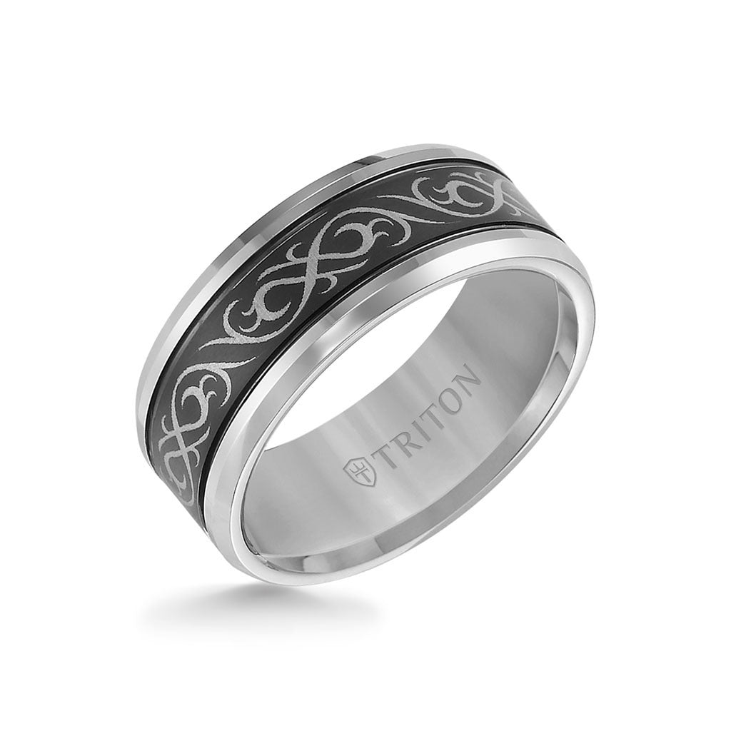 Black and White Tungsten Carbide Comfort Fit Band with laser pattern detail