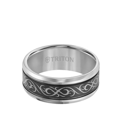 Black and White Tungsten Carbide Comfort Fit Band with laser pattern detail