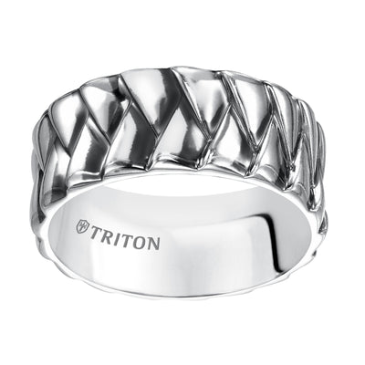 Sterling Silver Cast Woven Comfort Fit Band with Black Oxidation.
