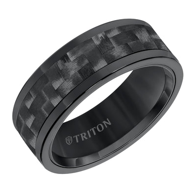 8MM Comfort Fit Black Tungsten Carbide with Black 3K Carbon Fiber Insert Center & Bright Rims