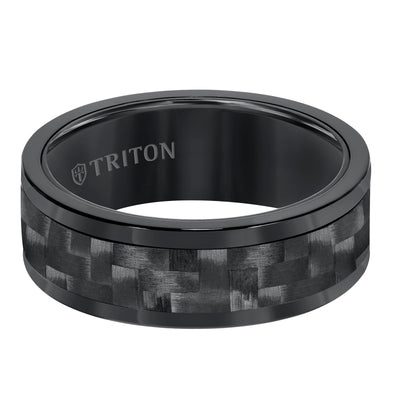 8MM Comfort Fit Black Tungsten Carbide with Black 3K Carbon Fiber Insert Center & Bright Rims