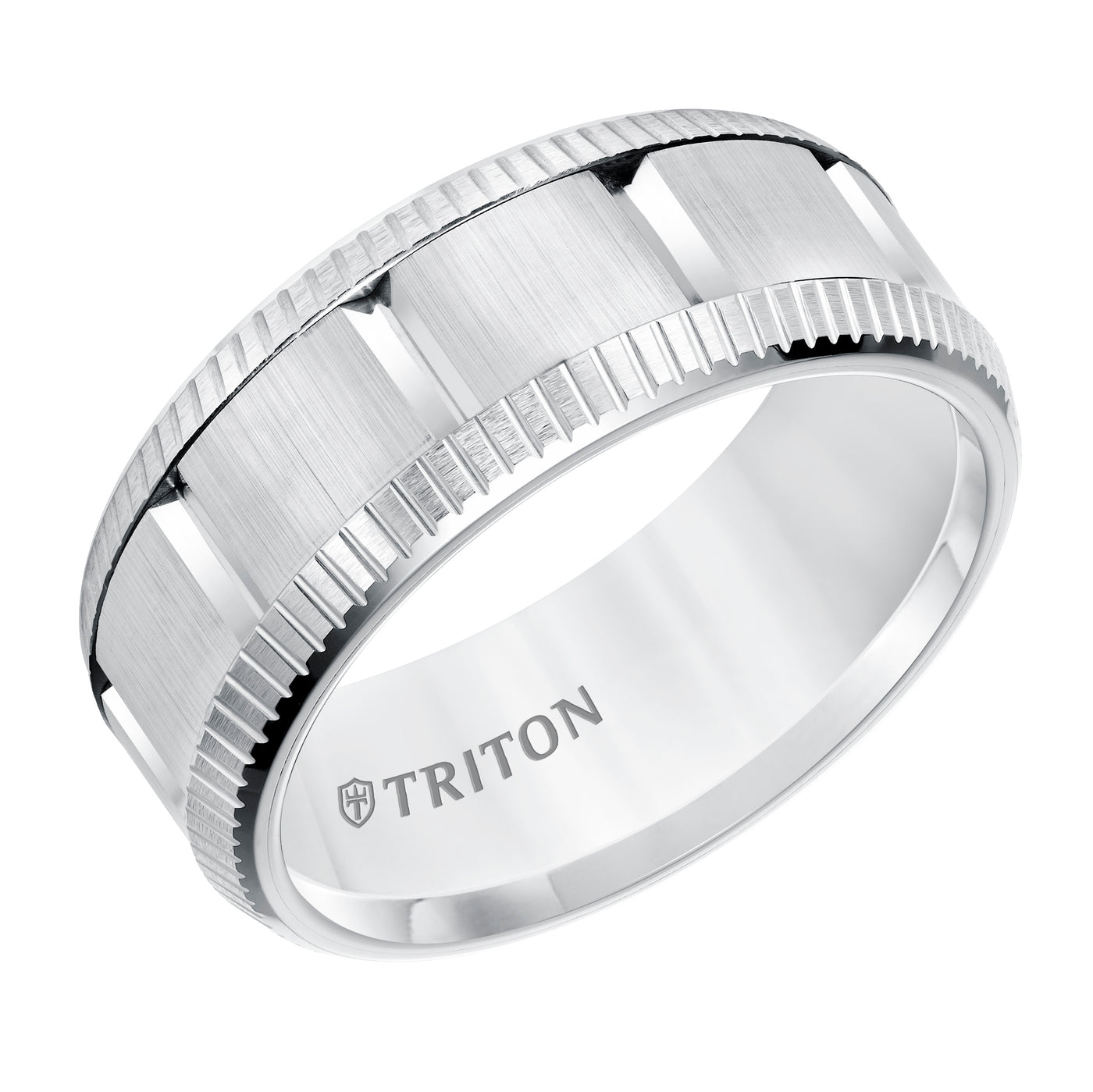 Multi Piece White Tungsten Carbide Comfort Fit Band with Bright Coin Rims & Vertical Cuts