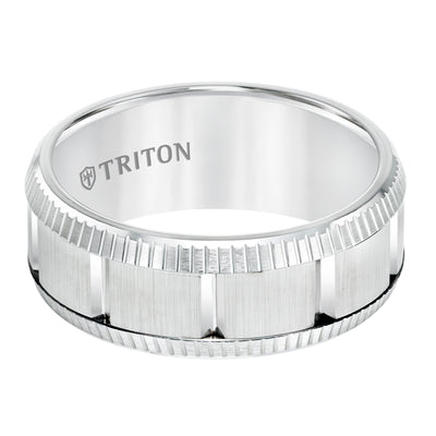 Multi Piece White Tungsten Carbide Comfort Fit Band with Bright Coin Rims & Vertical Cuts