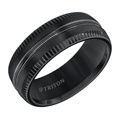 8mm Comfort Fit Black Tungsten Carbide Band with Coin Edge & Center Spin Lines & Lathe Satin Finish