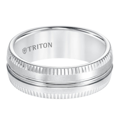 8mm Comfort Fit White Tungsten Carbide Band with Coin Edge & Center Spin Lines & Lathe Satin Finish