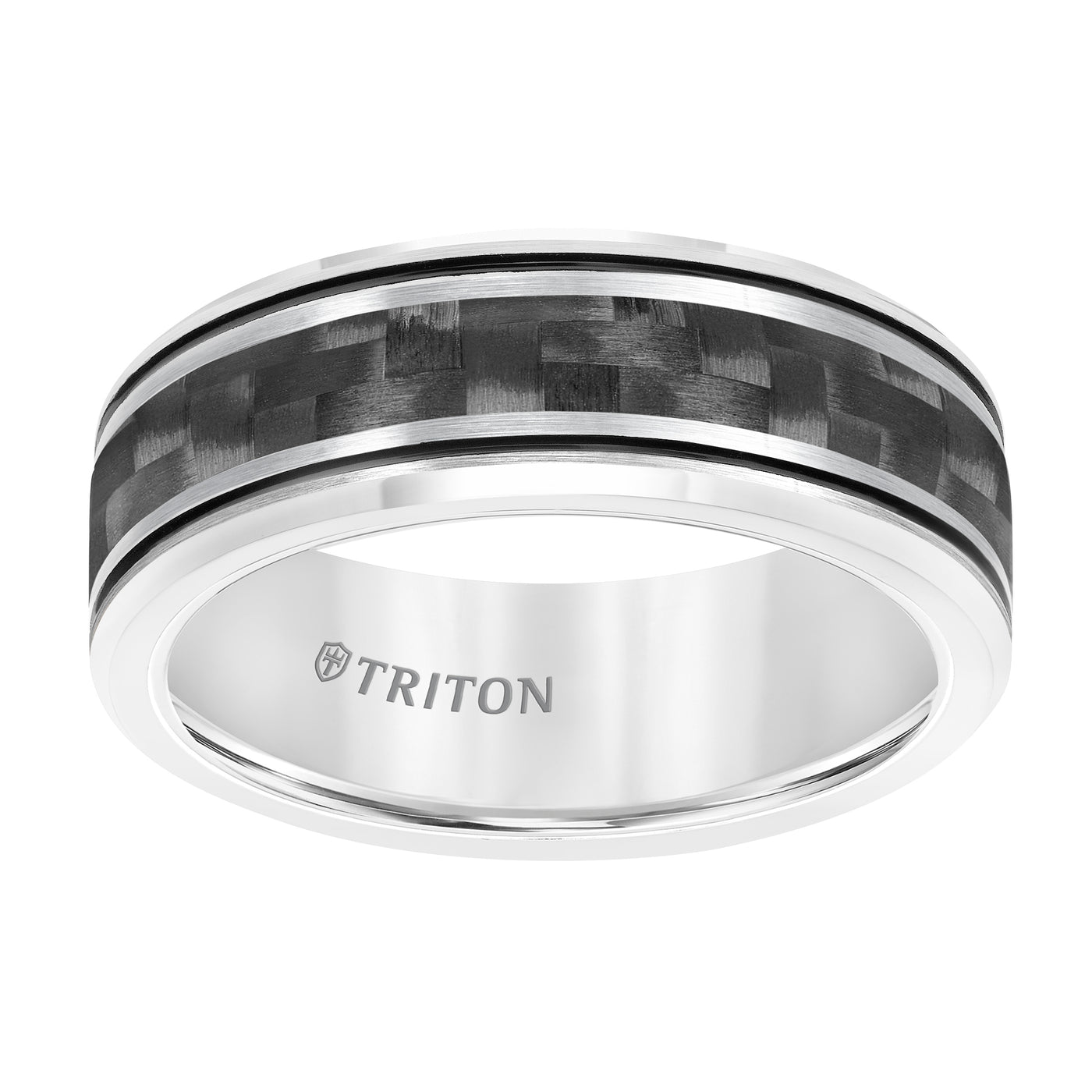 8MM Tungsten Carbide Band with Carbon Fiber Insert, Midnight Black Stripes and Beveled Edge