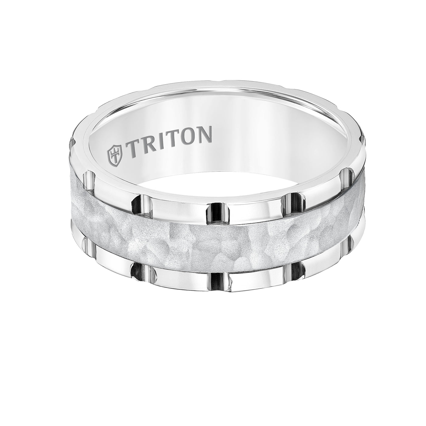 8MM White Tungsten Carbide Band with Link Edge, Sand Finish Hammered Center and Polished Rims