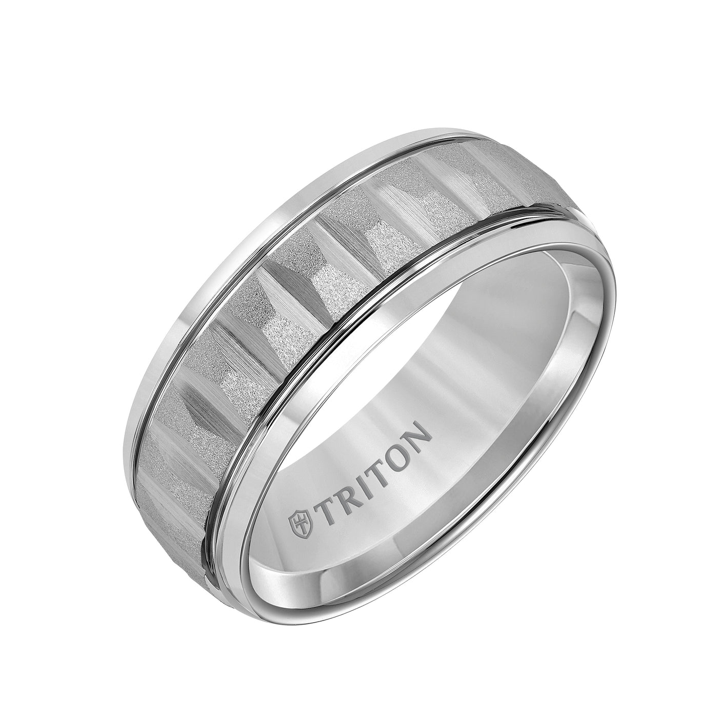 8MM Comfort Fit Classic Tungsten Carbide Band with Vertical Grooves, Soft Sand Finish Center and Bright Rims