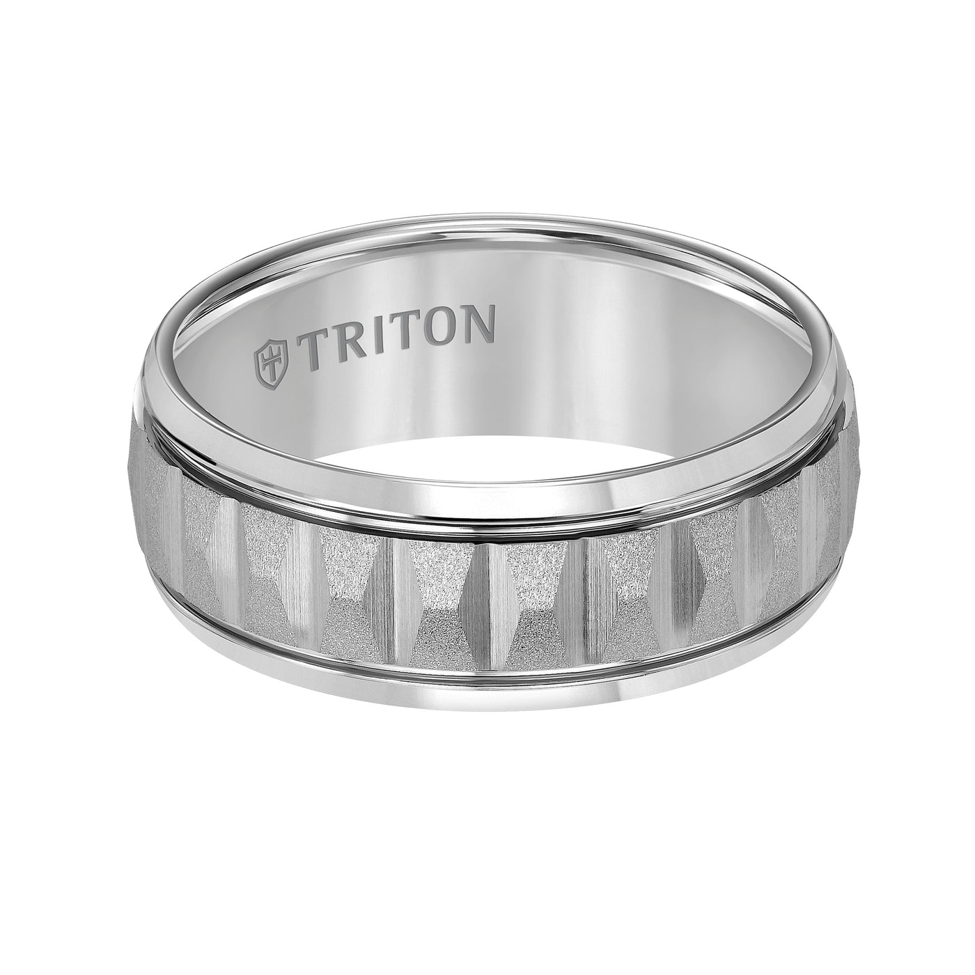 8MM Comfort Fit Classic Tungsten Carbide Band with Vertical Grooves, Soft Sand Finish Center and Bright Rims