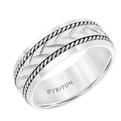 8MM White Tungsten Carbide Band with Woven Center, Sterling Silver Rope with  Brush Finish and Bright Rims