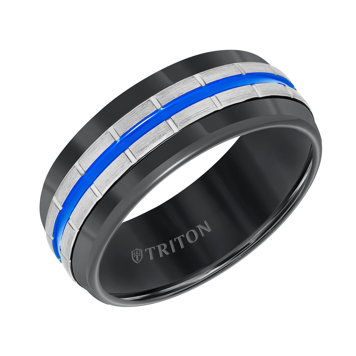 8.5MM Black Tungsten Carbide Band with Vertical Grooves, Electric Blue Center Stripe & Satin Finish