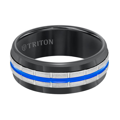 8.5MM Black Tungsten Carbide Band with Vertical Grooves, Electric Blue Center Stripe & Satin Finish