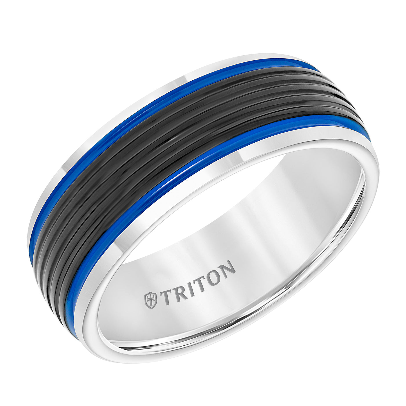 8MM Black & White Domed Tungsten Carbide Band with Ribbed Center, Electric Blue Stripes and Bright Rims