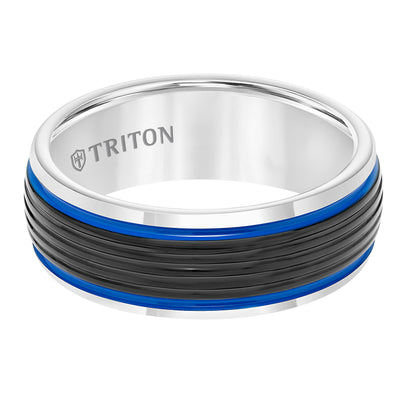 8MM Black & White Domed Tungsten Carbide Band with Ribbed Center, Electric Blue Stripes and Bright Rims