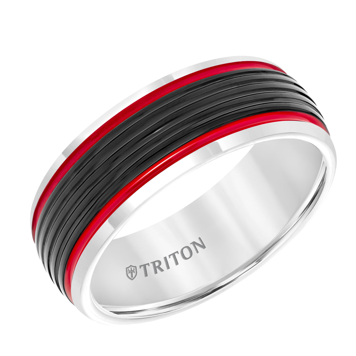8MM Black & White Domed Tungsten Carbide Band with Ribbed Center, Fire Red Stripes and Bright Rims