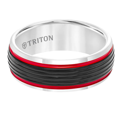 8MM Black & White Domed Tungsten Carbide Band with Ribbed Center, Fire Red Stripes and Bright Rims