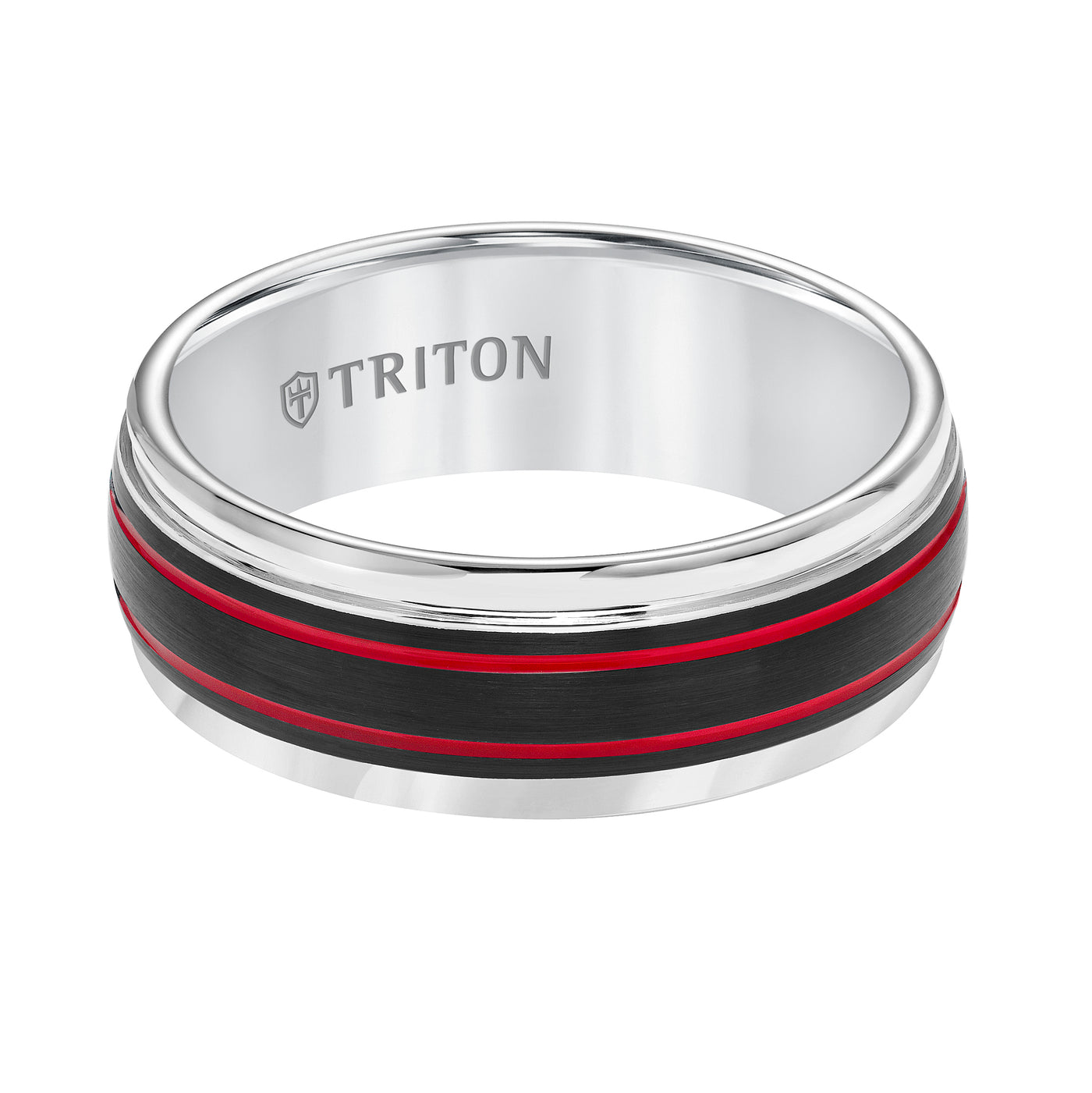 Tungsten Carbide Comfort Fit Mens White Band with Black Matte Center with Fire Red Stripes and Bright Round Rims