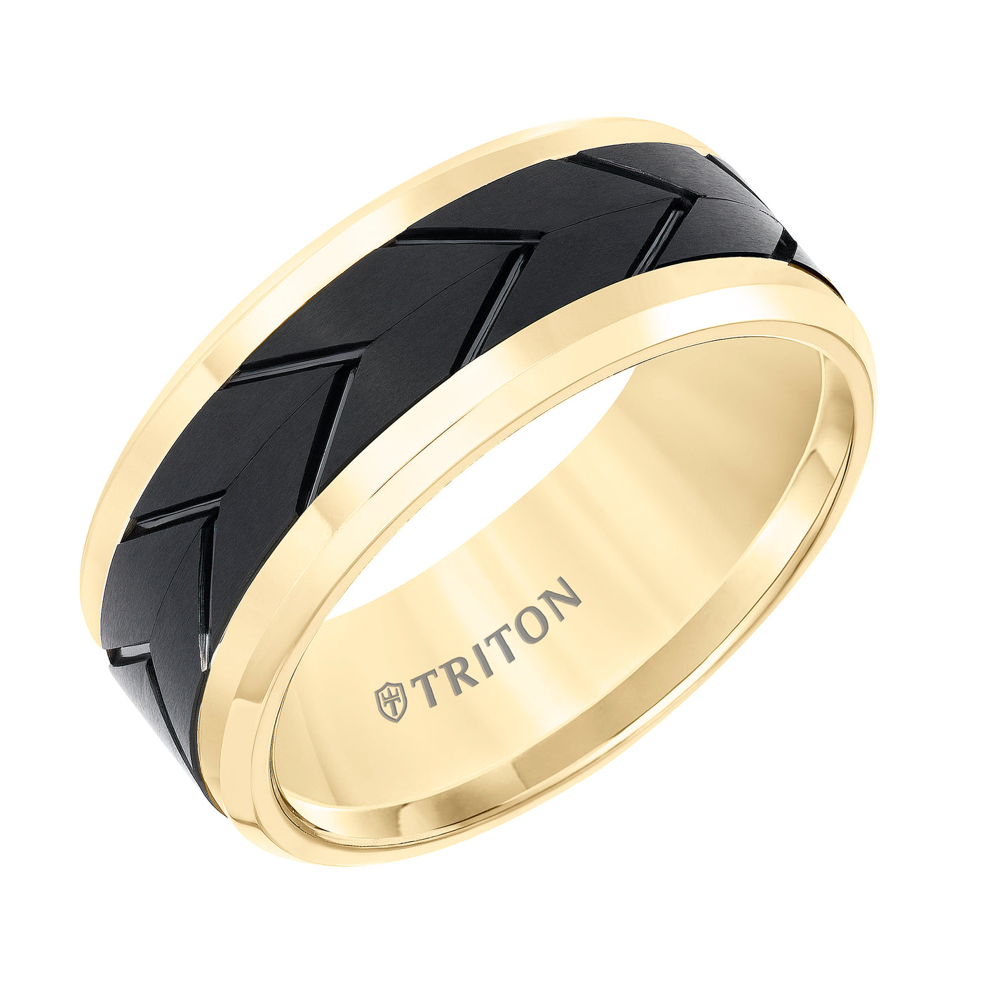 Tungsten Carbide Comfort Fit Two Tone Mens Band with Black Flat Matte Tread Design Center and Yellow Beveled Rims