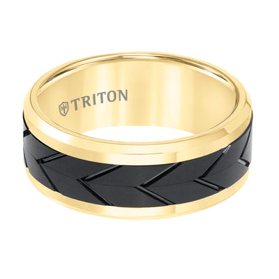 Tungsten Carbide Comfort Fit Two Tone Mens Band with Black Flat Matte Tread Design Center and Yellow Beveled Rims