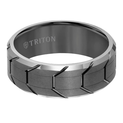 8MM Tungsten Carbide Ring - Gunmetal Tire Thread Center and Bevel Edge