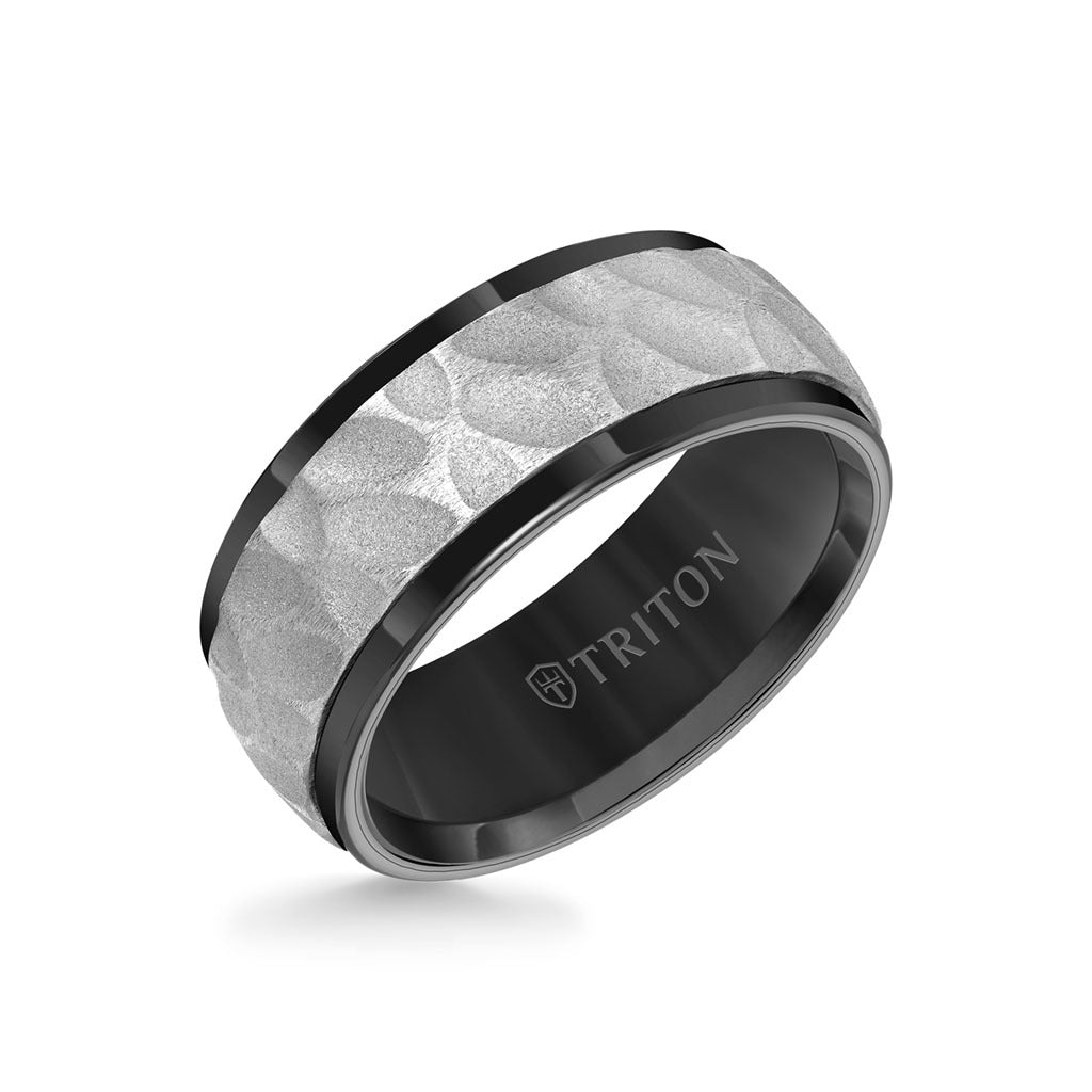 9MM Tungsten Carbide Comfort Fit Mens Black Band with White Sand Blasted Textured Center with Flat Profile and Polished Rims