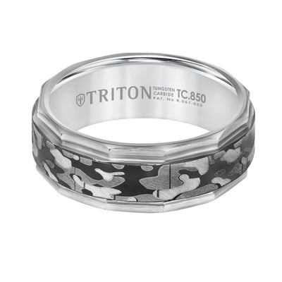 8mm Tungsten Carbide Band with Laser Engraved Camo Pattern and Faceted Rims