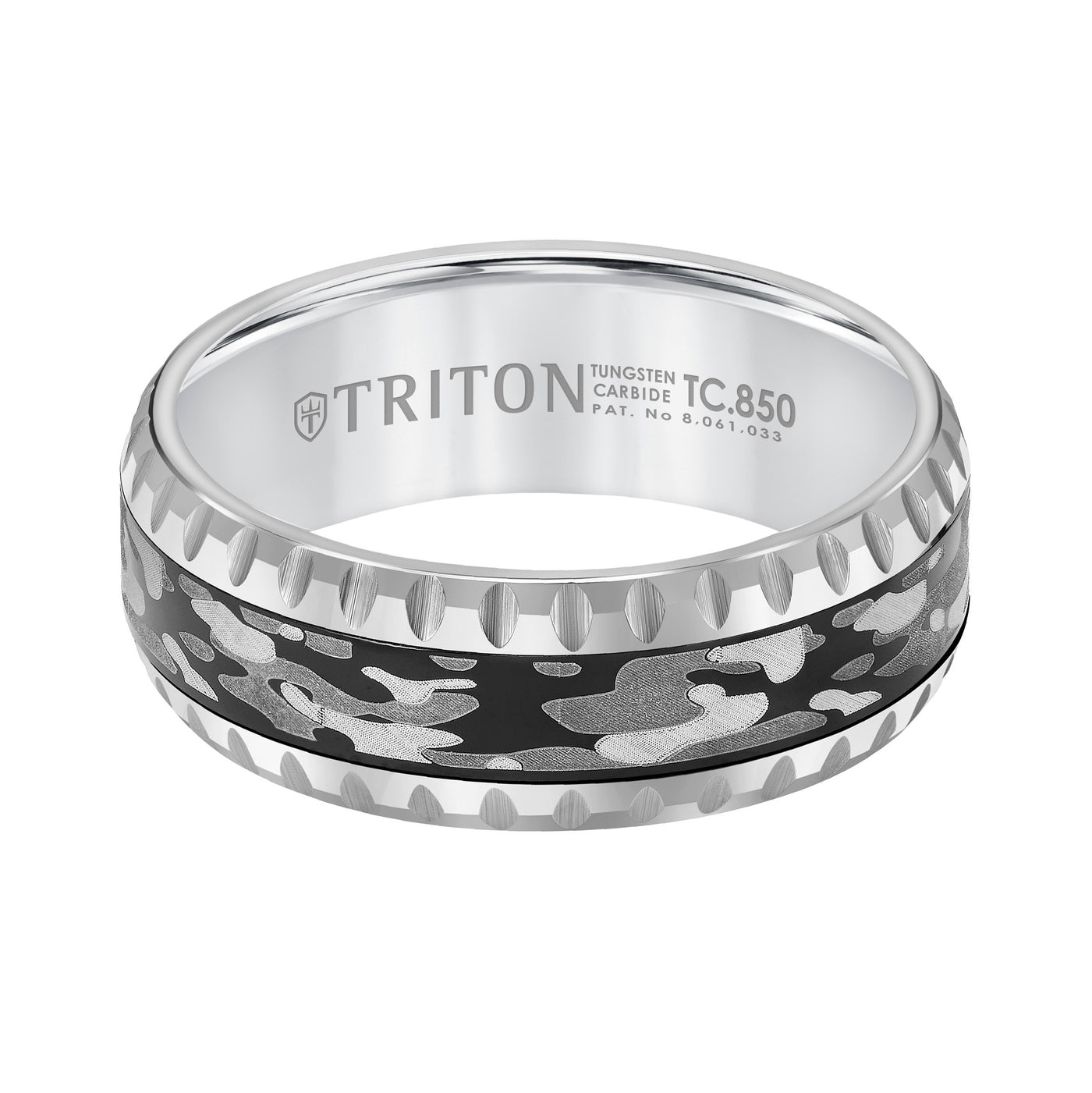 8mm Tungsten Carbide Band with Laser Engraved Camo Pattern and Coin Edge Rims