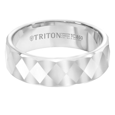 7mm White Tungsten Band with Faceted Diamond Pattern