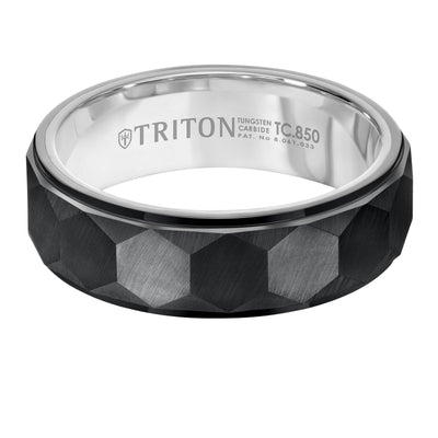 7mm Black Tungsten Band with Faceted Hexagon Pattern and White Interior