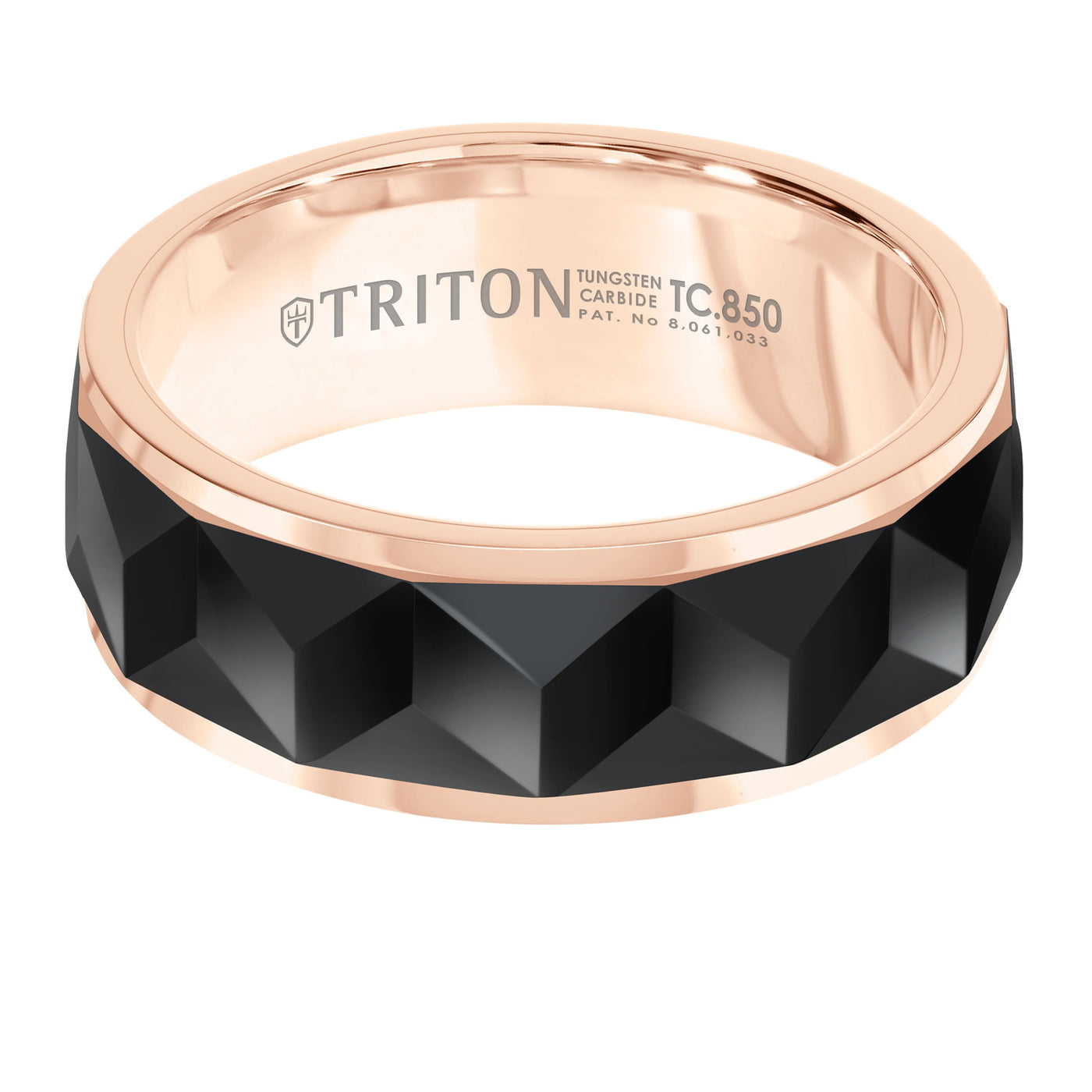 8mm Rose Band with Black Tungsten Faceted Chevron Pattern Inlay