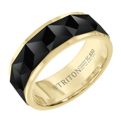 8mm Yellow Band with Black Tungsten Faceted Chevron Pattern Inlay