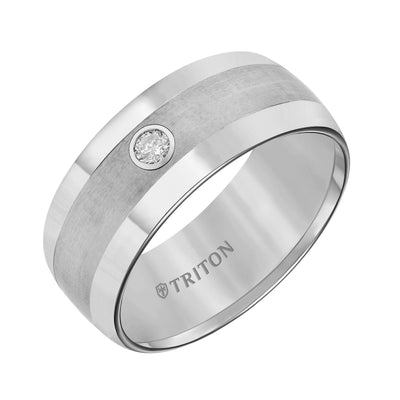 9mm TUngsten Carbide domed Diamond comfort fit band with satin finish center and bright polish edges