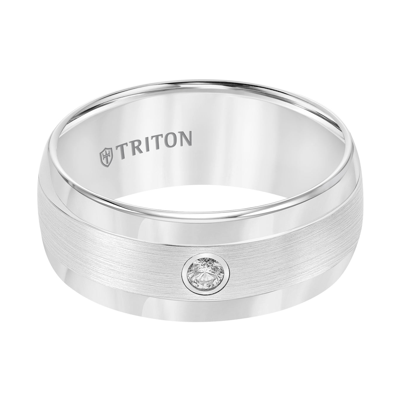 9mm White Tungsten Carbide domed Diamond comfort fit band with satin finish center and bright polish edges