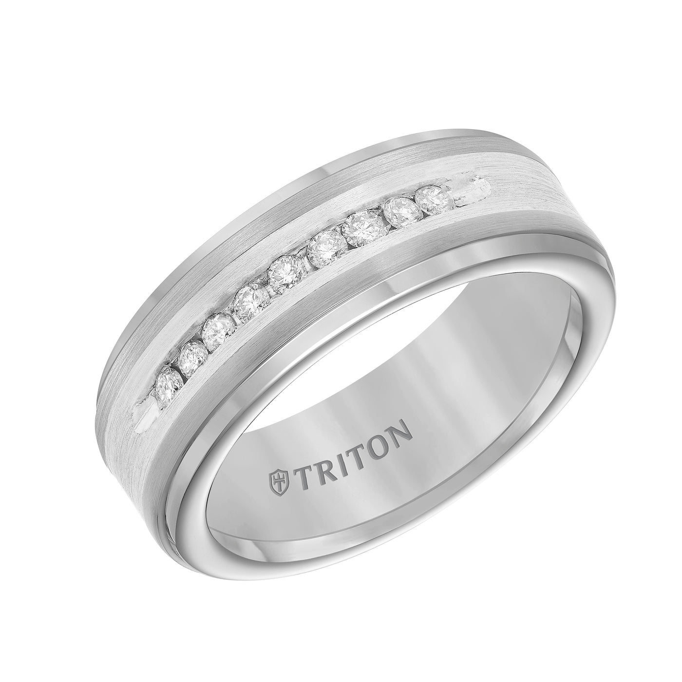 8mm Tungsten Carbide Step Edge Comfort Fit Band with Satin Finish Silver Inlay and Channel Set diamonds.