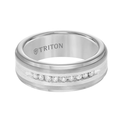 8mm Tungsten Carbide Step Edge Comfort Fit Band with Satin Finish Silver Inlay and Channel Set diamonds.