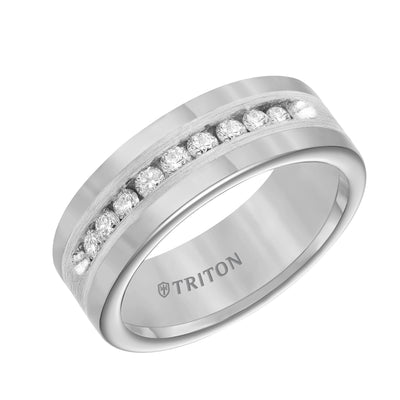 8mm Tungsten carbide comfort fit wedding band with Satin finish silver inlay and channel set diamonds.
