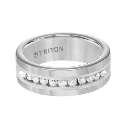 8mm Tungsten carbide comfort fit wedding band with Satin finish silver inlay and channel set diamonds.
