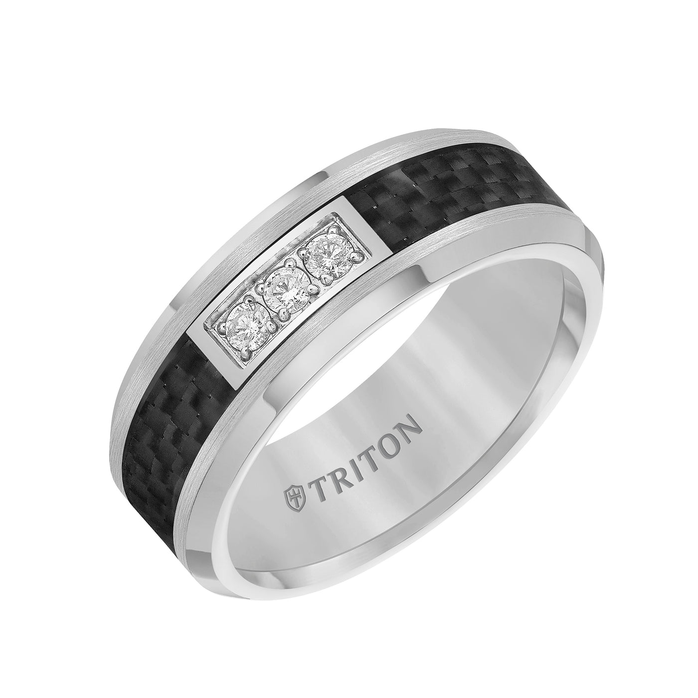 8mm Tungsten carbide Bevel Edge Comfort Fit diamond band with black carbon fiber inlay