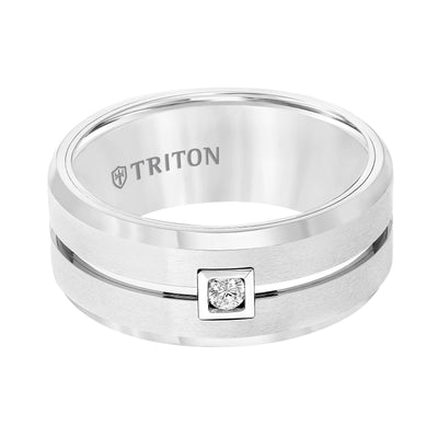 9MM White Tungsten Carbide Flat Comfort fit band. Horizontal Brush Finish with Bright Polished recessed center groove and Bevel Edge. Single Round Diamond set in a Square Bezel.