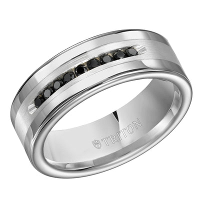 8MM Bright Polished Tungsten Carbide Comfort Fit band with Brush Finish Silver Inlay and 1/4 carat of Channel Set Black Diamonds.