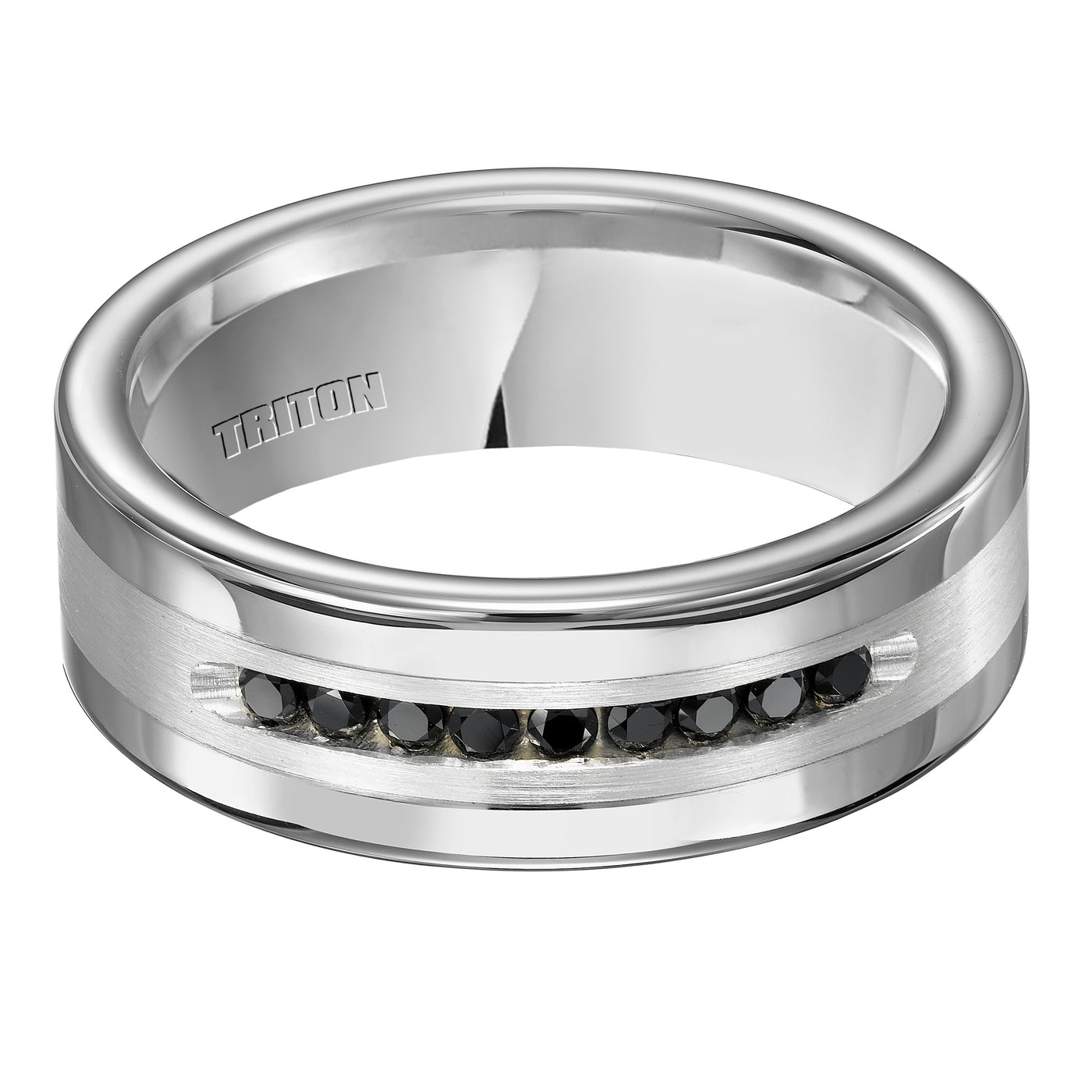 8MM Bright Polished Tungsten Carbide Comfort Fit band with Brush Finish Silver Inlay and 1/4 carat of Channel Set Black Diamonds.