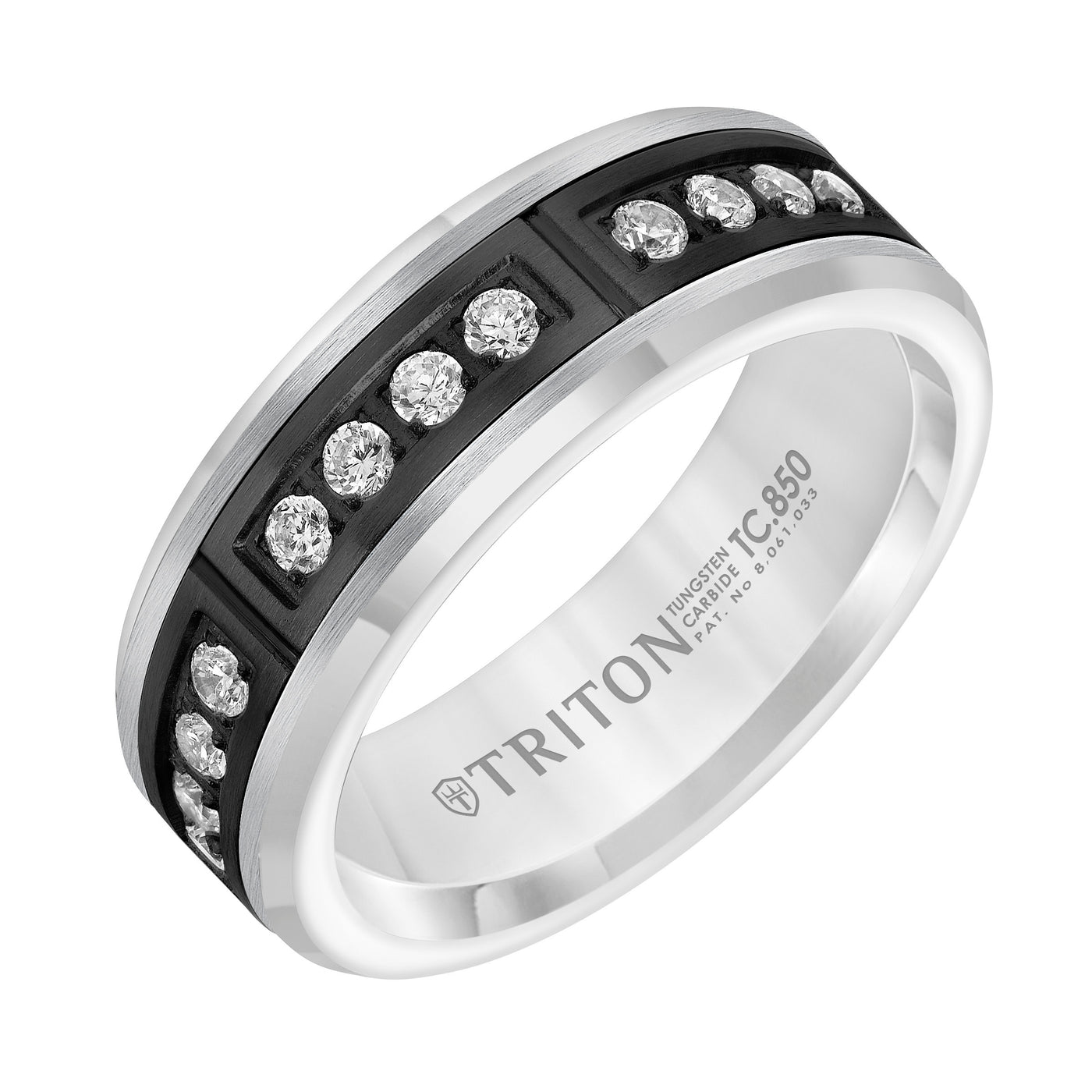 7mm Comfort Fit White Tungsten Band with Channel Set Diamonds in Black PVD Coated Steel