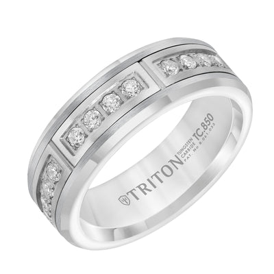 7mm Comfort Fit White Tungsten Band with Channel Set Diamonds in Steel